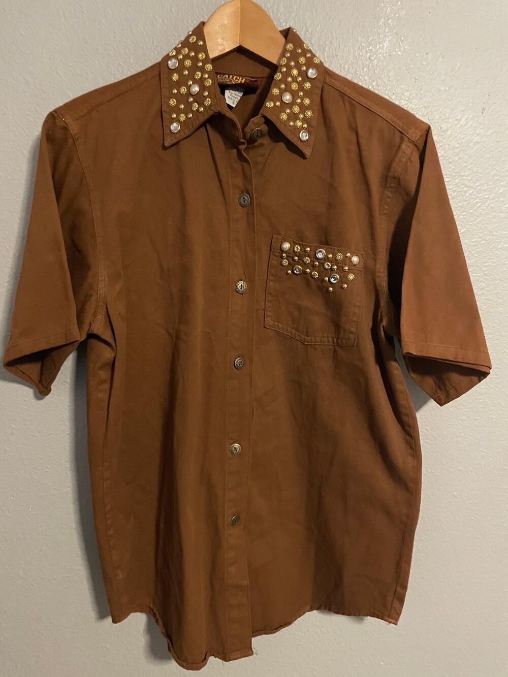 Vintage Catch 11 Womens Small Brown Button Up Studded Western Short Sleeve Twill